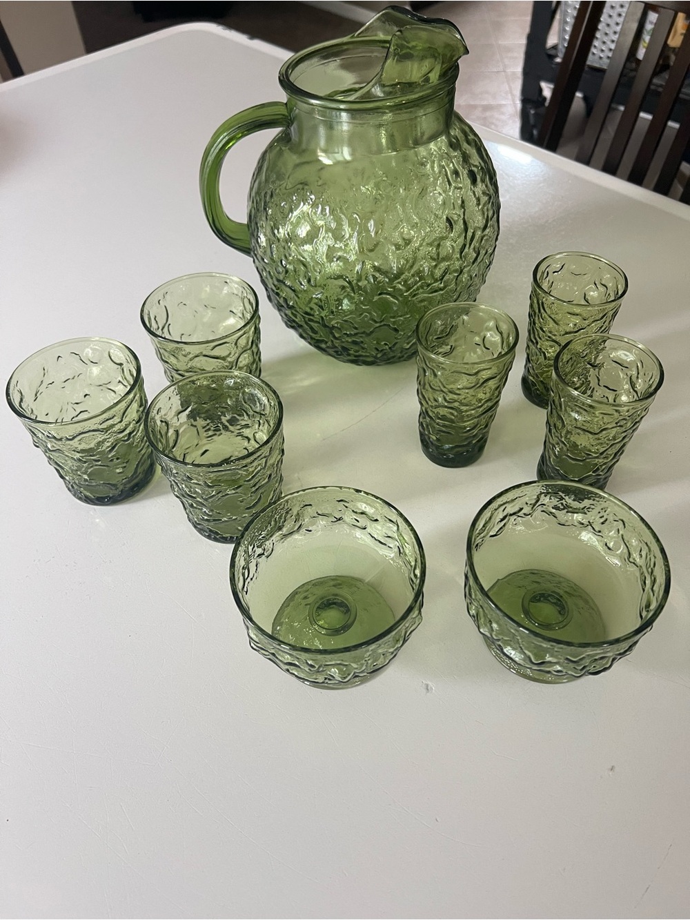 Vintage Anchor Hocking Lido Milano Pitcher with 6 Juice glasses & 2 parfait cups